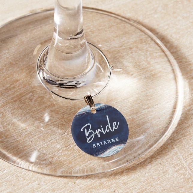 Sapphire Blue Rose Gold Geode Bride Personalized Wine Charm (In Situ)