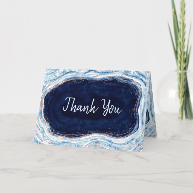 Sapphire Blue Rose Gold Geode Custom Wedding Photo Thank You Card (Front)