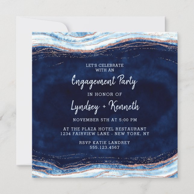 Sapphire Blue Rose Gold Geode Engagement Party Invitation (Front)