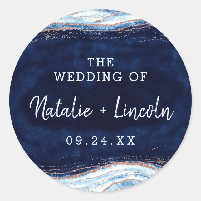 Sapphire Blue Rose Gold Geode Monogram Wedding Classic Round Sticker (Front)