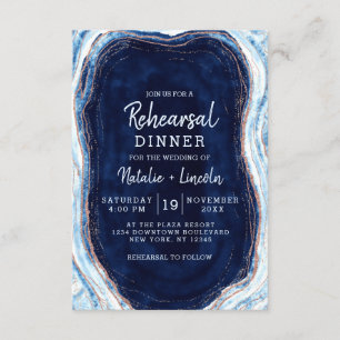 Sapphire Blue Rose Gold Geode Rehearsal Dinner Invitation