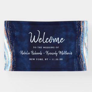 Sapphire Blue Rose Gold Geode Rock Wedding Welcome Banner