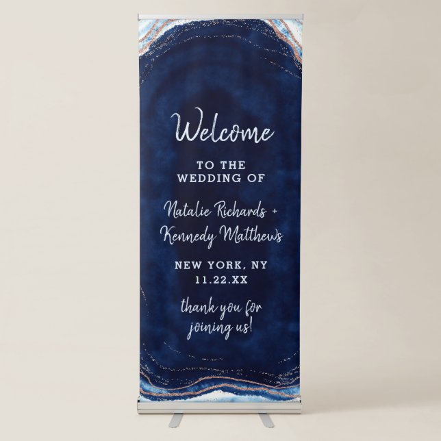 Sapphire Blue Rose Gold Geode Rock Wedding Welcome Retractable Banner (Front)