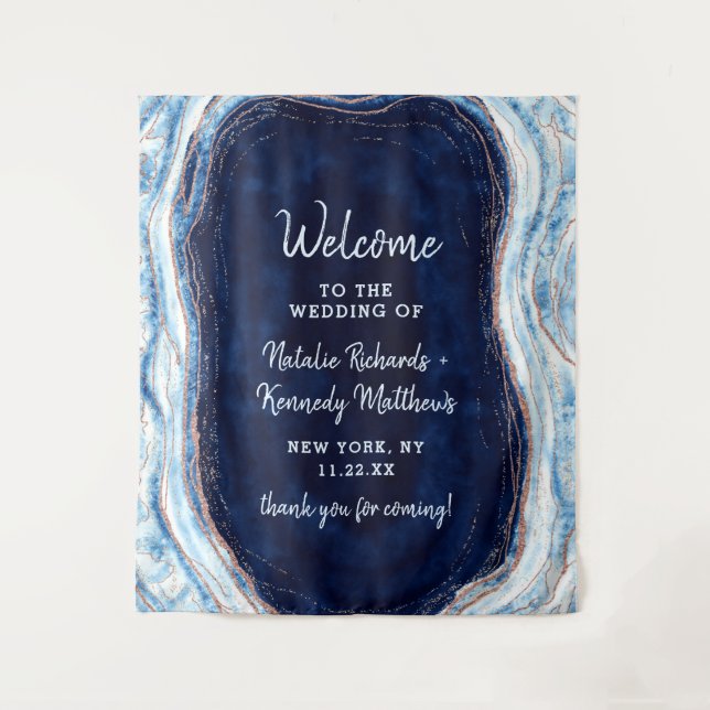 Sapphire Blue Rose Gold Geode Rock Wedding Welcome Tapestry (Front)