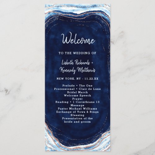 Sapphire Blue Rose Gold Geode Wedding Ceremony Program