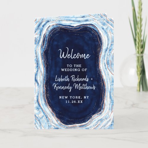 Sapphire Blue Rose Gold Geode Wedding Ceremony Program