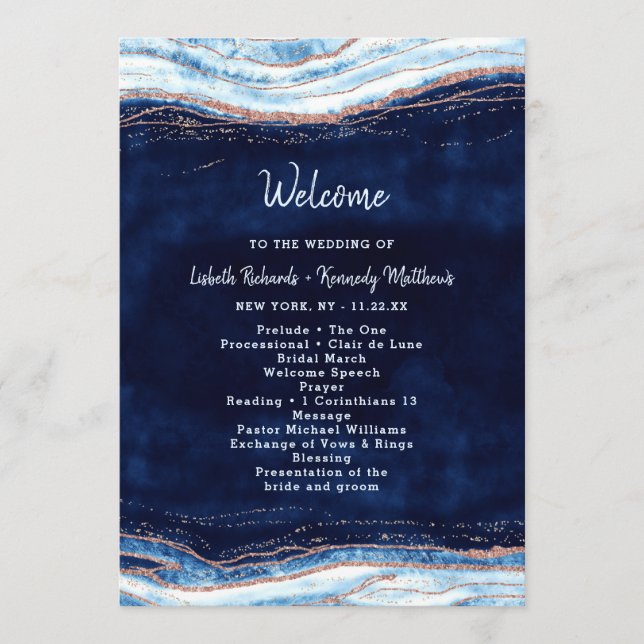 Sapphire Blue Rose Gold Geode Wedding Ceremony Program (Front)