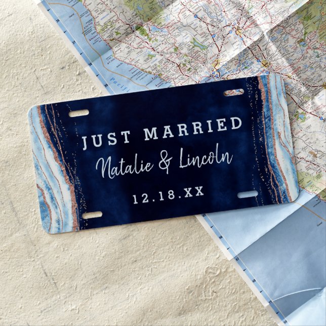 Sapphire Blue Rose Gold Geode Wedding Just Married License Plate (In Situ)