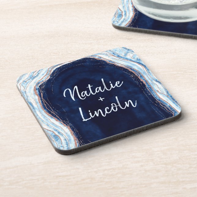 Sapphire Blue Rose Gold Geode Wedding Monogram Beverage Coaster (Left Side)