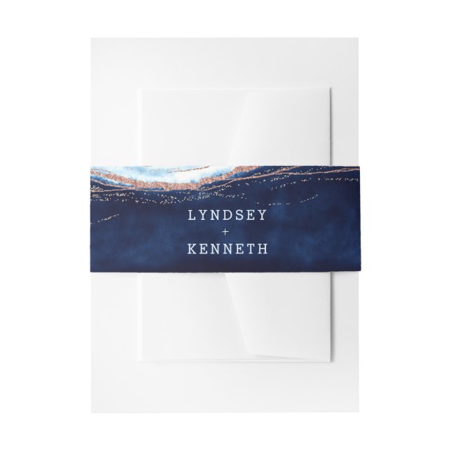 Sapphire Blue Rose Gold Geode Wedding Monogram Invitation Belly Band (Front Example)