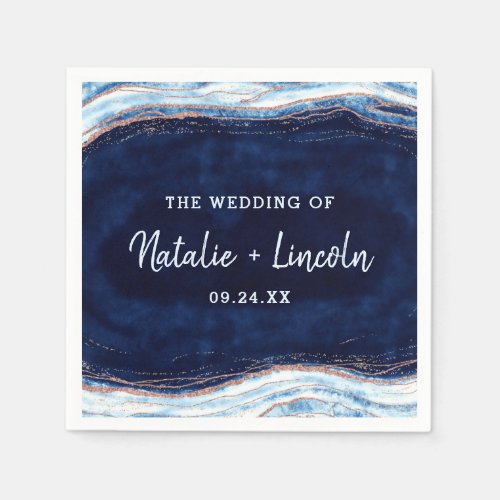 Sapphire Blue Rose Gold Geode Wedding Monogram Napkins