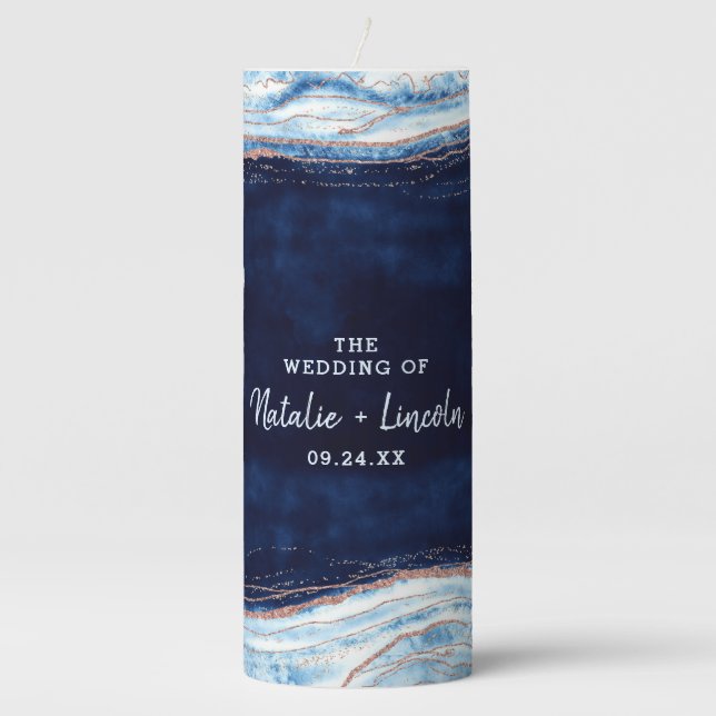 Sapphire Blue Rose Gold Geode Wedding Monogram Pillar Candle (Front)