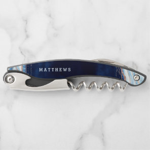 Sapphire Blue Rose Gold Geode Wedding Monogram Waiter's Corkscrew