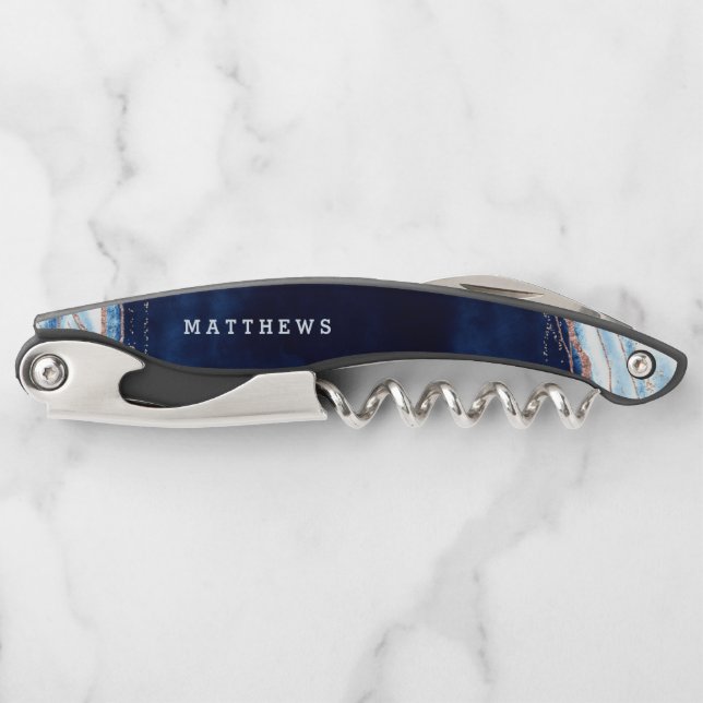 Sapphire Blue Rose Gold Geode Wedding Monogram Waiter's Corkscrew (Front)