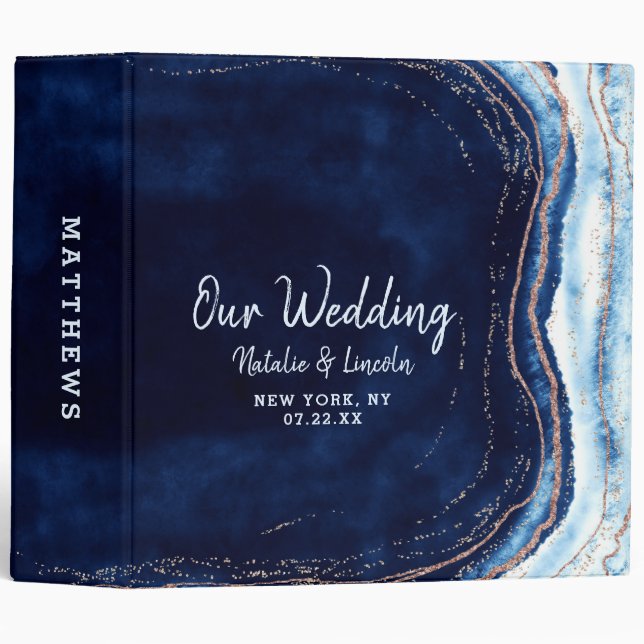 Sapphire Blue Rose Gold Geode Wedding Photo Album 3 Ring Binder (Front/Spine)