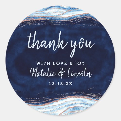 Sapphire Blue Rose Gold Geode Wedding Thank You Classic Round Sticker