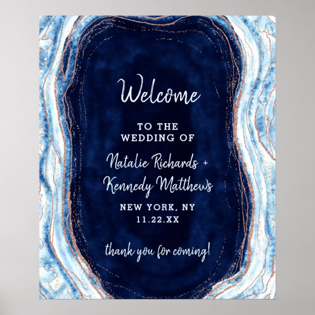 Sapphire Blue Rose Gold Geode Wedding Welcome Sign (Front)