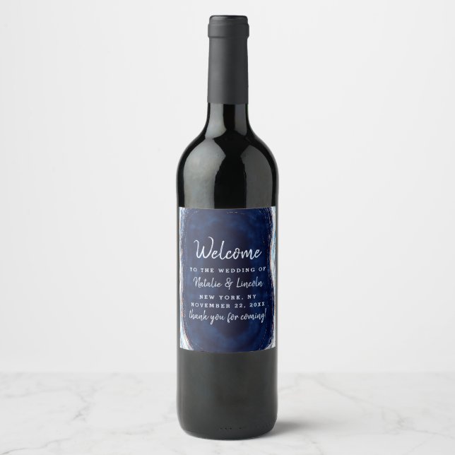 Sapphire Blue Rose Gold Geode Wedding Welcome Wine Label (Front)