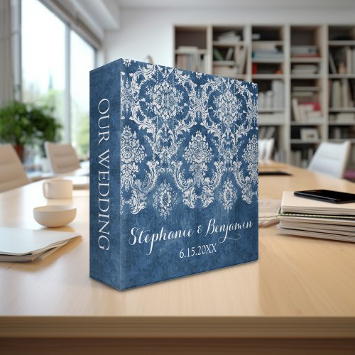 Sapphire Blue Rustic Damask Pattern Wedding 3 Ring Binder