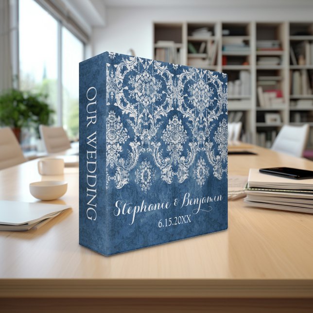 Sapphire Blue Rustic Damask Pattern Wedding 3 Ring Binder (Custom Wedding and Anniversary Binder - Personalize with Bride and Groom)