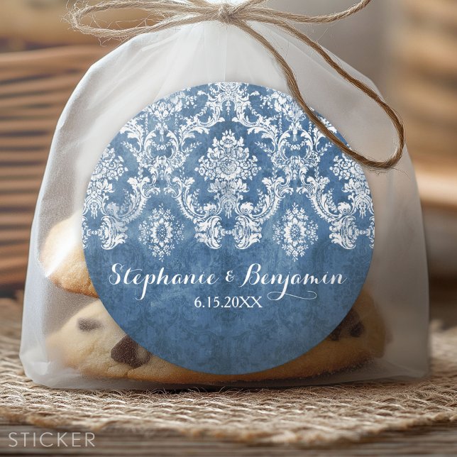 Sapphire Blue Rustic Damask Pattern Wedding Classic Round Sticker (Custom Sticker)