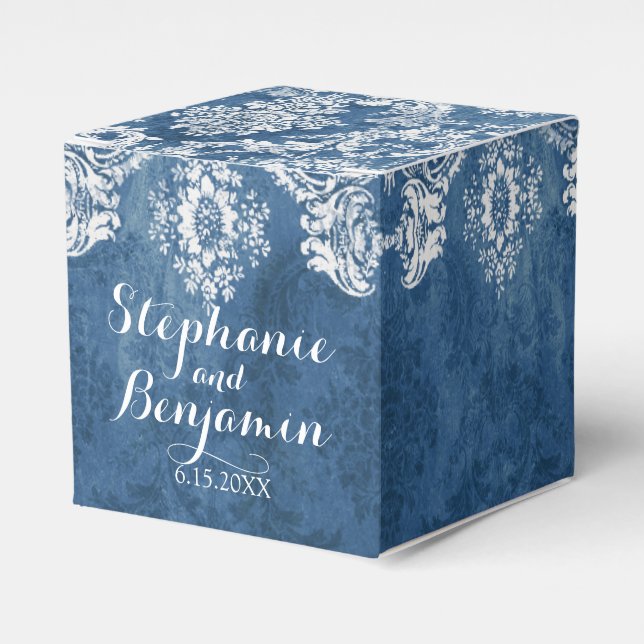 Sapphire Blue Rustic Damask Pattern Wedding Favor Favor Boxes (Front Side)