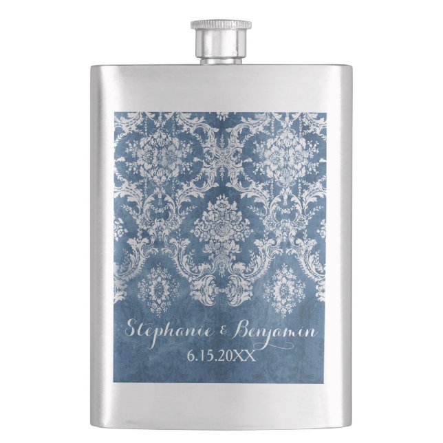 Sapphire Blue Rustic Damask Pattern Wedding Hip Flask (Front)