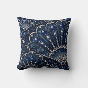 Sapphire Blue Silver Lace Fans Throw Pillow
