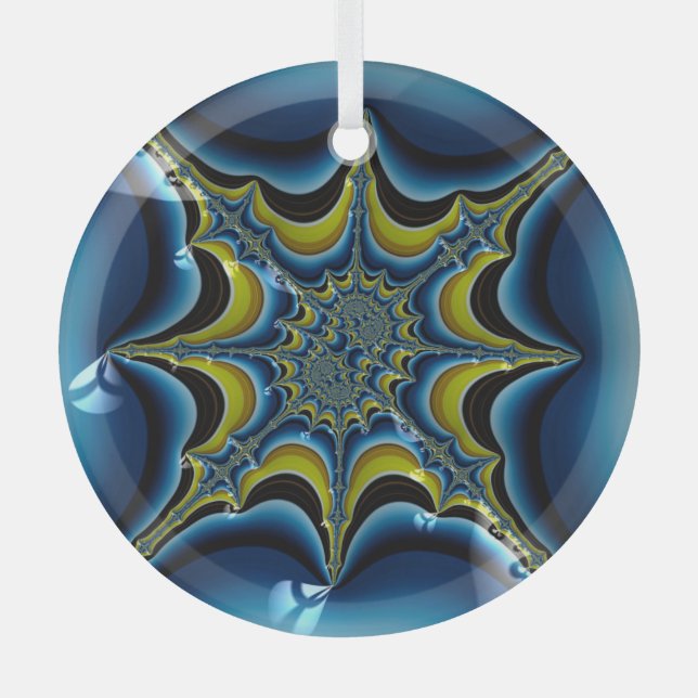 Sapphire Blue Starburst Fractal Abstract Art Glass Ornament (Front)
