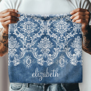 Sapphire Blue Vintage Damask Pattern and Name Bandana