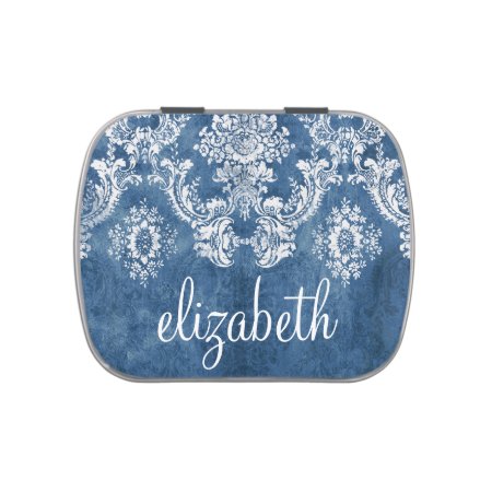 Sapphire Blue Vintage Damask Pattern And Name Candy Tin