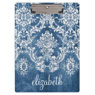 Sapphire Blue Vintage Damask Pattern and Name Clipboard