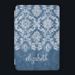 Sapphire Blue Vintage Damask Pattern and Name iPad Mini Cover<br><div class="desc">A vintage pattern with a chalkboard and lace design. Look closely to the flowers and leaves.A trendy design with jewel tone colors and elegance. Items are easier to customize when you replace all text and photos first. If your art still needs to be adjusted, click on the Customize This button....</div>