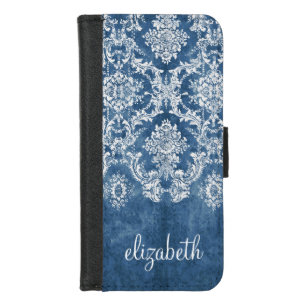 Sapphire Blue Vintage Damask Pattern and Name iPhone 8/7 Wallet Case