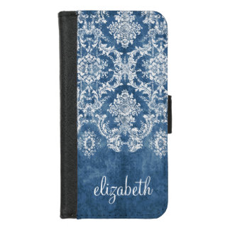 Sapphire Blue Vintage Damask Pattern and Name iPhone 8/7 Wallet Case