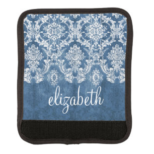 Sapphire Blue Vintage Damask Pattern and Name Luggage Handle Wrap