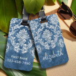 Sapphire Blue Vintage Damask Pattern and Name Luggage Tag<br><div class="desc">A vintage pattern with a chalkboard and lace design. Look closely to the flowers and leaves.A trendy design with jewel tone colors and elegance. Items are easier to customize when you replace all text and photos first. If your art still needs to be adjusted, click on the Customize This button....</div>