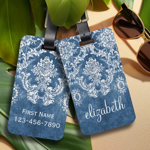 Sapphire Blue Vintage Damask Pattern and Name Luggage Tag