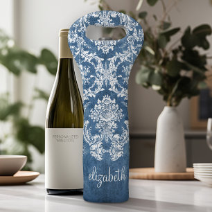 Sapphire Blue Vintage Damask Pattern and Name Wine Bag