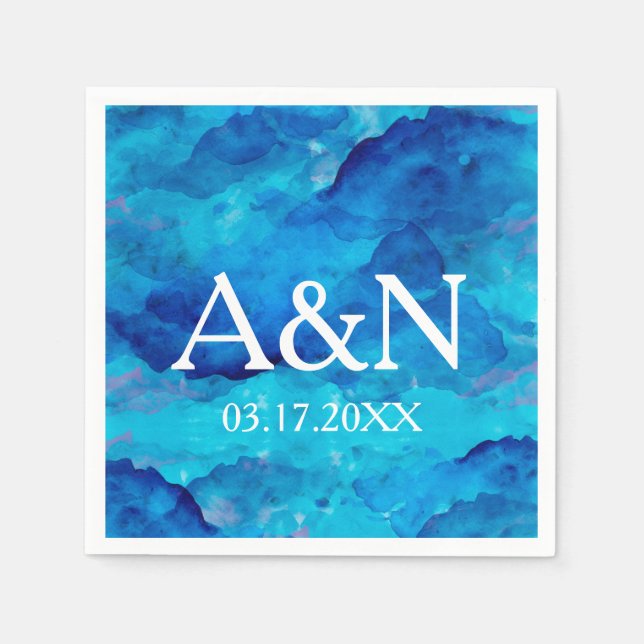 Sapphire Blue Watercolor Wedding Monogram Napkins (Front)