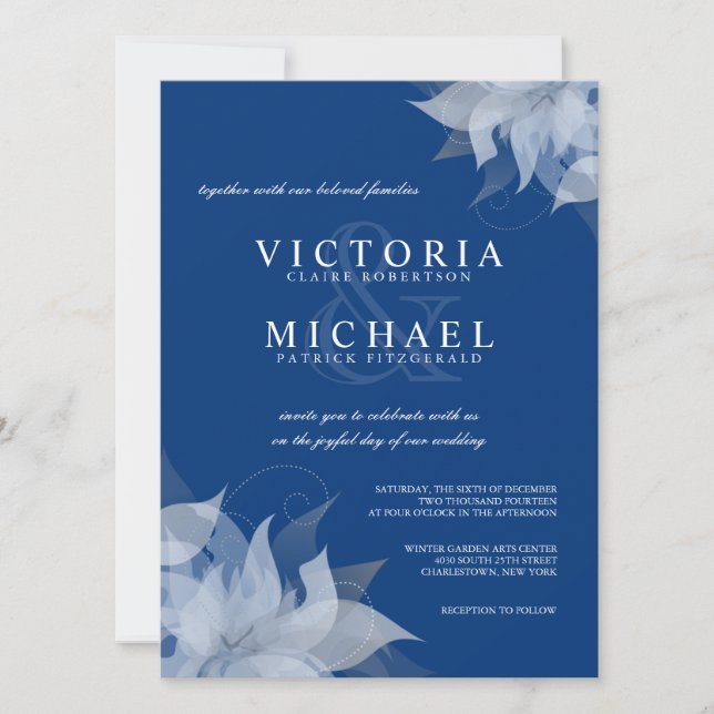 Sapphire Blue & White Floral Wedding Invitations (Front)