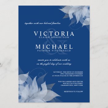Sapphire Blue & White Floral Wedding Invitations by deluxebridal at Zazzle