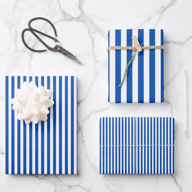 Sapphire Blue & White Stripes Wrapping Paper Sheets (Front)