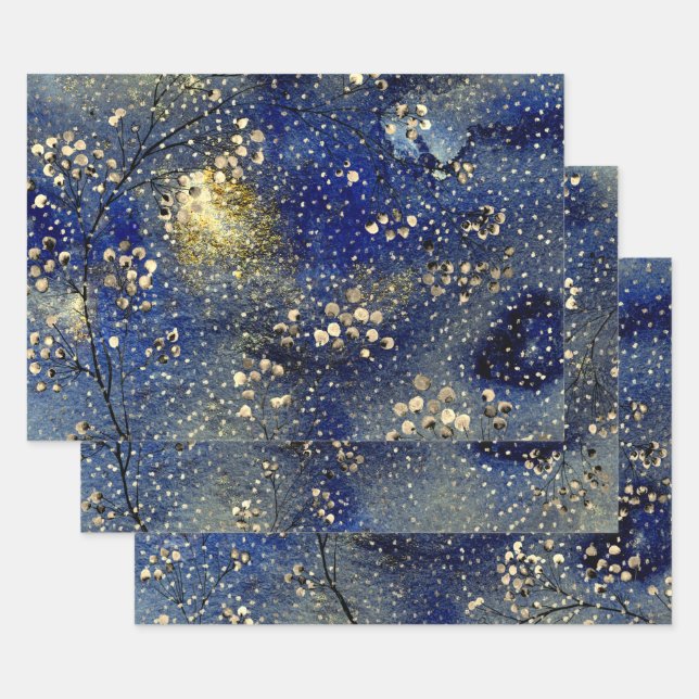 Sapphire Blue Winter Dusk Sky Gold Snowfall Wrapping Paper Sheets (Set)