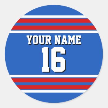 Sapphire Blue With Red White Stripes Team Jersey Classic Round Sticker by FantabulousSports at Zazzle