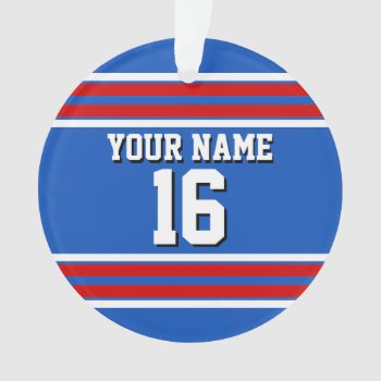 Sapphire Blue With Red White Stripes Team Jersey Ornament by FantabulousSports at Zazzle