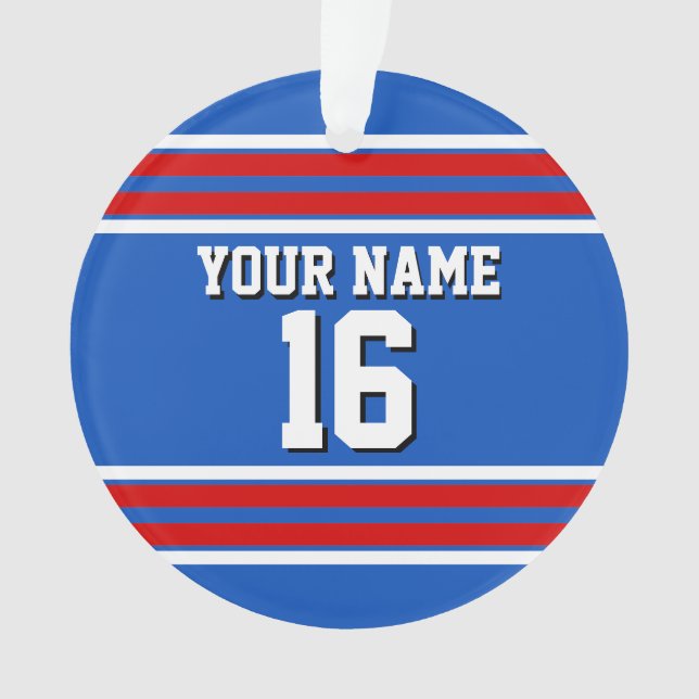 Sapphire Blue with Red White Stripes Team Jersey Ornament (Front)