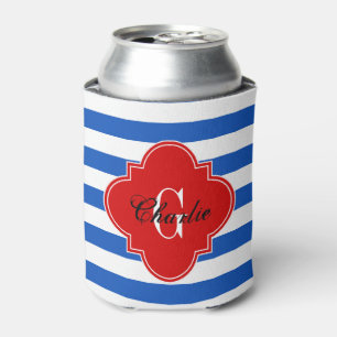 Sapphire Blue Wt Horz Stripe Red NameInit Monogram Can Cooler