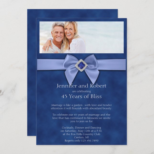 Sapphire Bow 45th Wedding Anniversary Invitation (Front/Back)