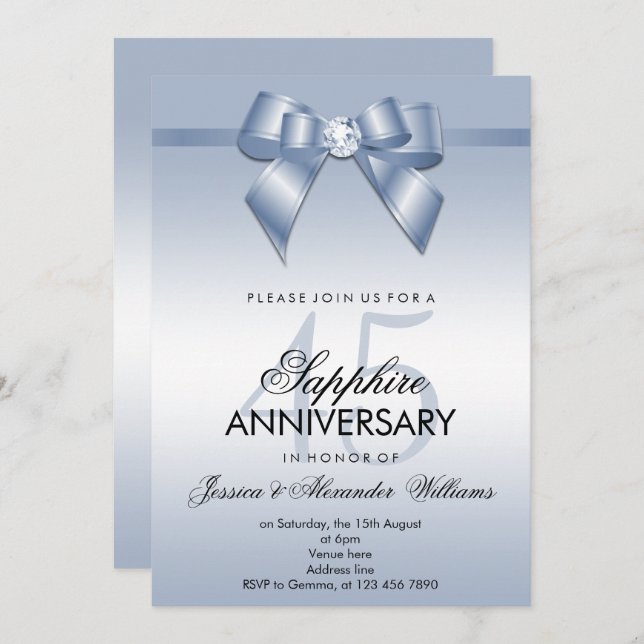 Sapphire Bow & Ribbon 45th Wedding Anniversary Invitation (Front/Back)
